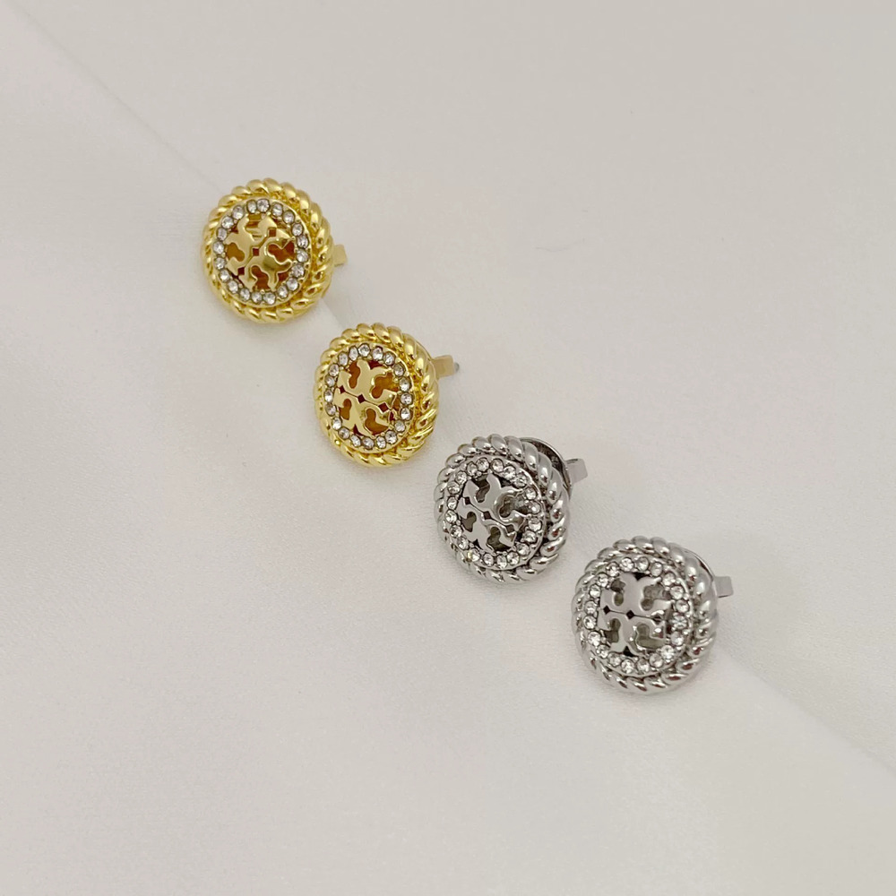 Tory Burch Pair of Gold Basic Round Spiral Wheat Diamond Stud Earrings